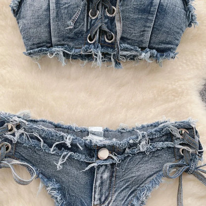 Retro Women Bikini Denim Suits Summer Halter Camis+ Mini Pant Lingerie Fashion Vacation Swimsuits Sexy Bra&Briefs Sets