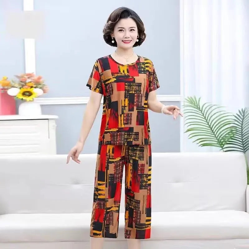 Summer 2025 Ice Silk Loose Fit Short Sleeve round Neck Two Piece Set for Middle-Aged And Elderly Casual Style Comfortable Wear