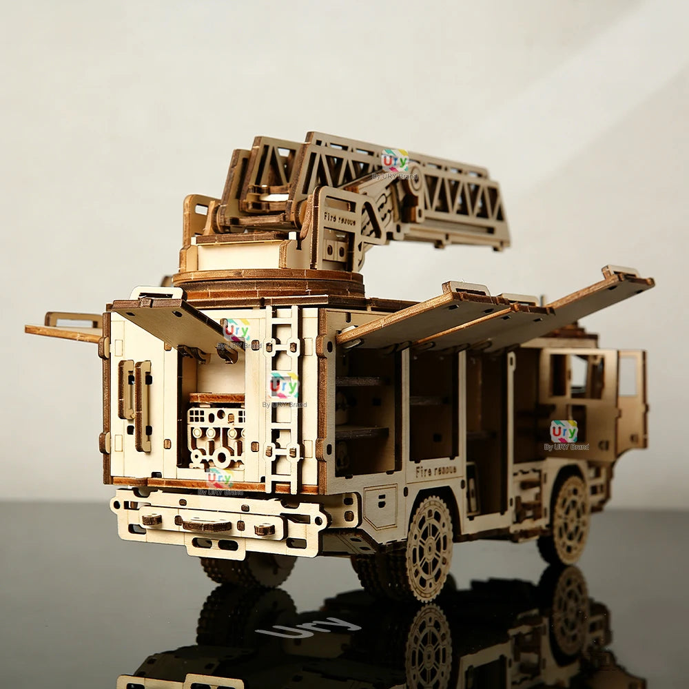 Ury 3D Wooden Puzzle City Series Car Fire Ladder Truck Movable Retro Vehicle Assembly Model DIY Decoration Gift