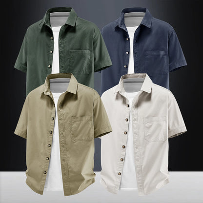 2026New Short-sleeved Shirt Men's Summer Casual Pure Cotton Washed Large Size Top Loose Solid Color Tooling Shirt Men's Clothing