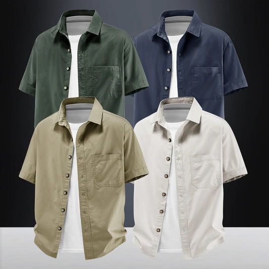2026New Short-sleeved Shirt Men's Summer Casual Pure Cotton Washed Large Size Top Loose Solid Color Tooling Shirt Men's Clothing