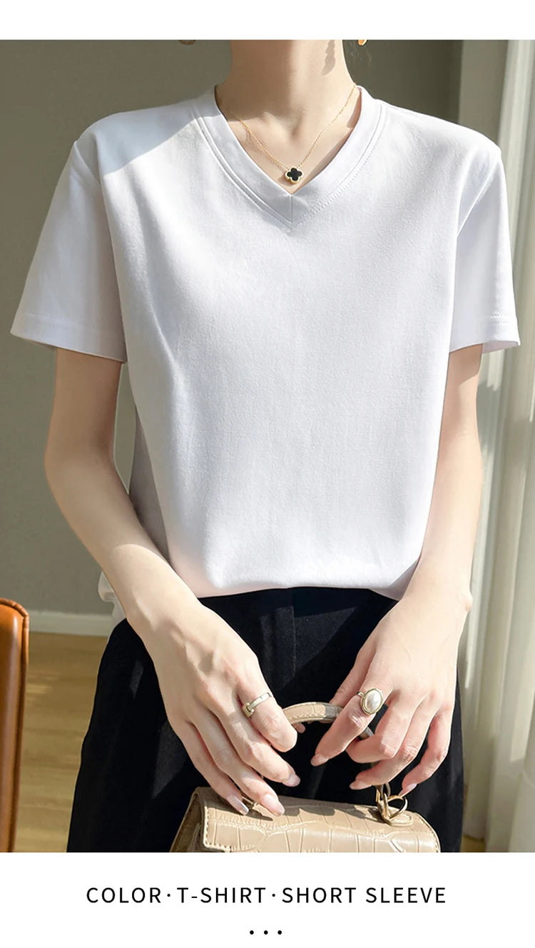 2026 Summer New Pure Cotton V-neck Short-sleeved T-shirt Women's Solid Color Joker Pullover Shirt with Loose Sleeve Bottom Shirt