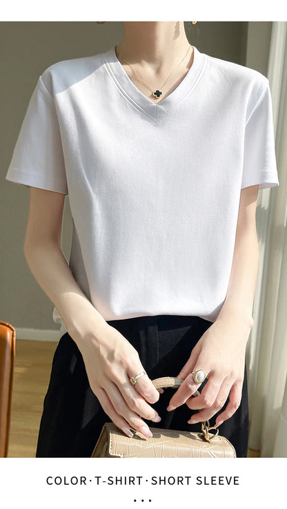 2026 Summer New Pure Cotton V-neck Short-sleeved T-shirt Women's Solid Color Joker Pullover Shirt with Loose Sleeve Bottom Shirt