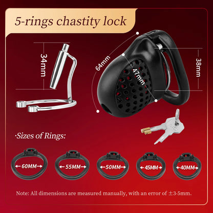 Male Chastity Cage with Lock and 5 Rings Resin Penis Lock for Men Breathable Cock Ring Penis Restrain Chastity Device Sex Toys