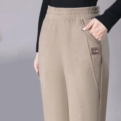 High Waist Thickened Fleece Women's Pants Autumn Winter Casual Loose Mom Pants Harlan Style Pocket Detail Elastic Waist