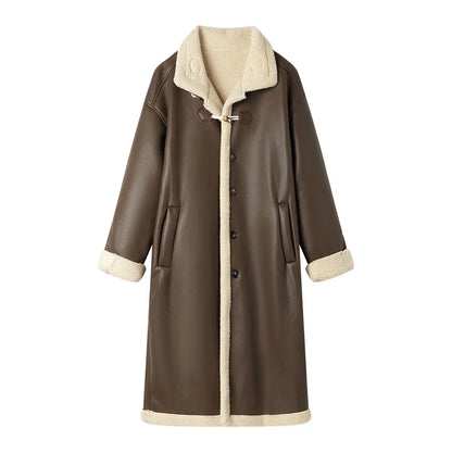 Luxury Brand Trend Winter Warmth Men Leather Trench Coat Fur Lined Long Overcoat Thick Single-Breasted Faux Fur PU Leather Coat