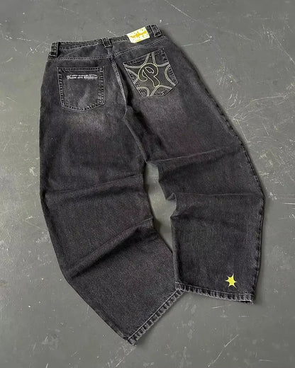 American Street Trend Letter Embroidered Loose Jeans Men Harajuku Y2K New Hip Hop Oversized Wide-leg Pants Unisex Mopping Jeans