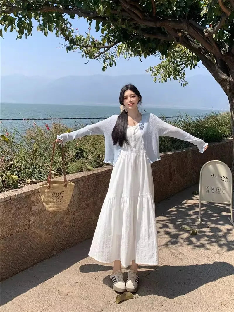 Slimming White Strapless Long Dress Simple French Style A-Line Midi Dress Women's Summer Fashion Sensation Waist-Cinching Dress