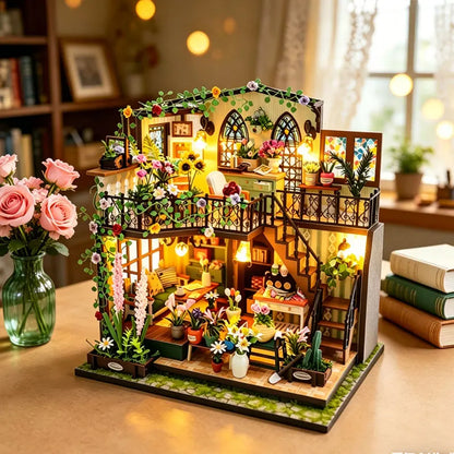 Zuuton DIY Wooden Dollhouse Kit Flower Garden Villa with LED Light Miniature House with Furniture 3D Puzzle Handmade Craft Gifts