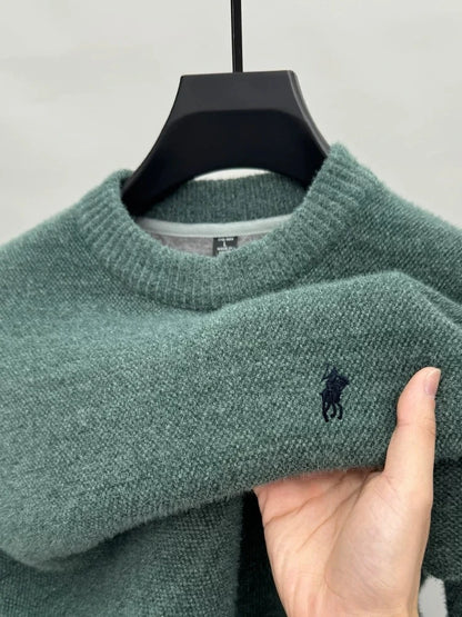 High end brand velvet sweater men's new designer fashion exquisite pony embroidery winter thick warm round neck knitted pullover