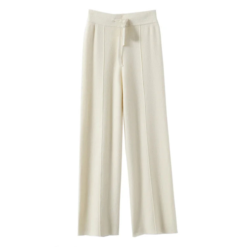 High Waist Knitted Wide Leg Pants Women's Autumn Winter Extended Floor Length Drawstring Straight Casual Loose Slimming