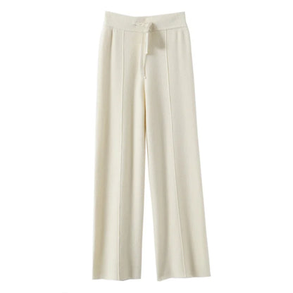High Waist Knitted Wide Leg Pants Women's Autumn Winter Extended Floor Length Drawstring Straight Casual Loose Slimming