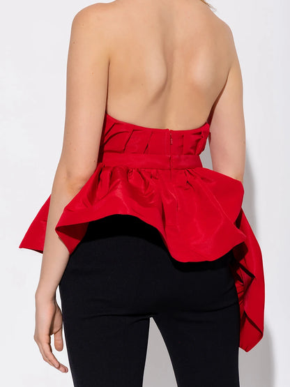 VGH Sexy Red Color Spliced Folds Tank Top for Women Sweatheart Neck Sleeveless Patchowrk Zipper Irregular Hem Vest Female Summer