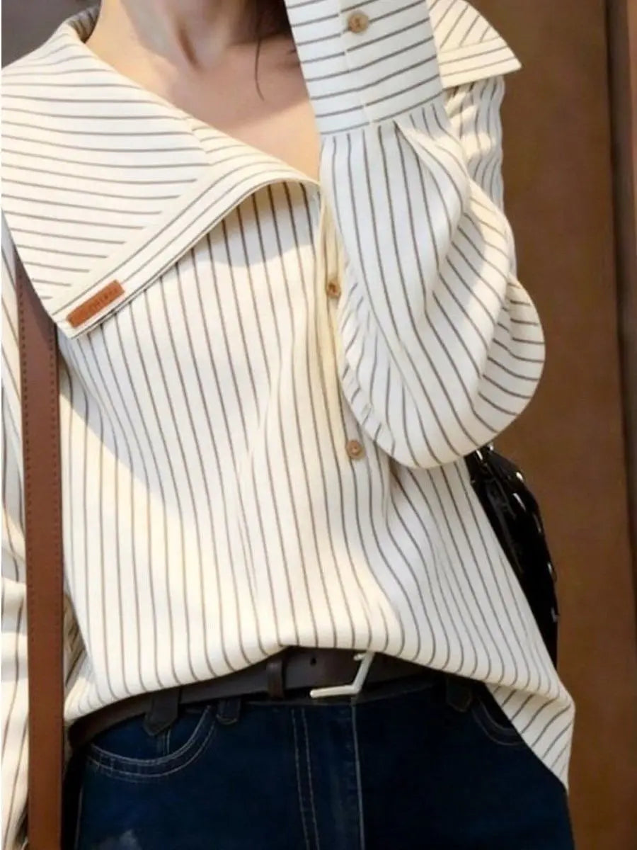 Elegant Unique Stylish Spring 2026 Casual Shirt Design Sensation  Personality Long Sleeve Striped Navy Collar Loose Fit