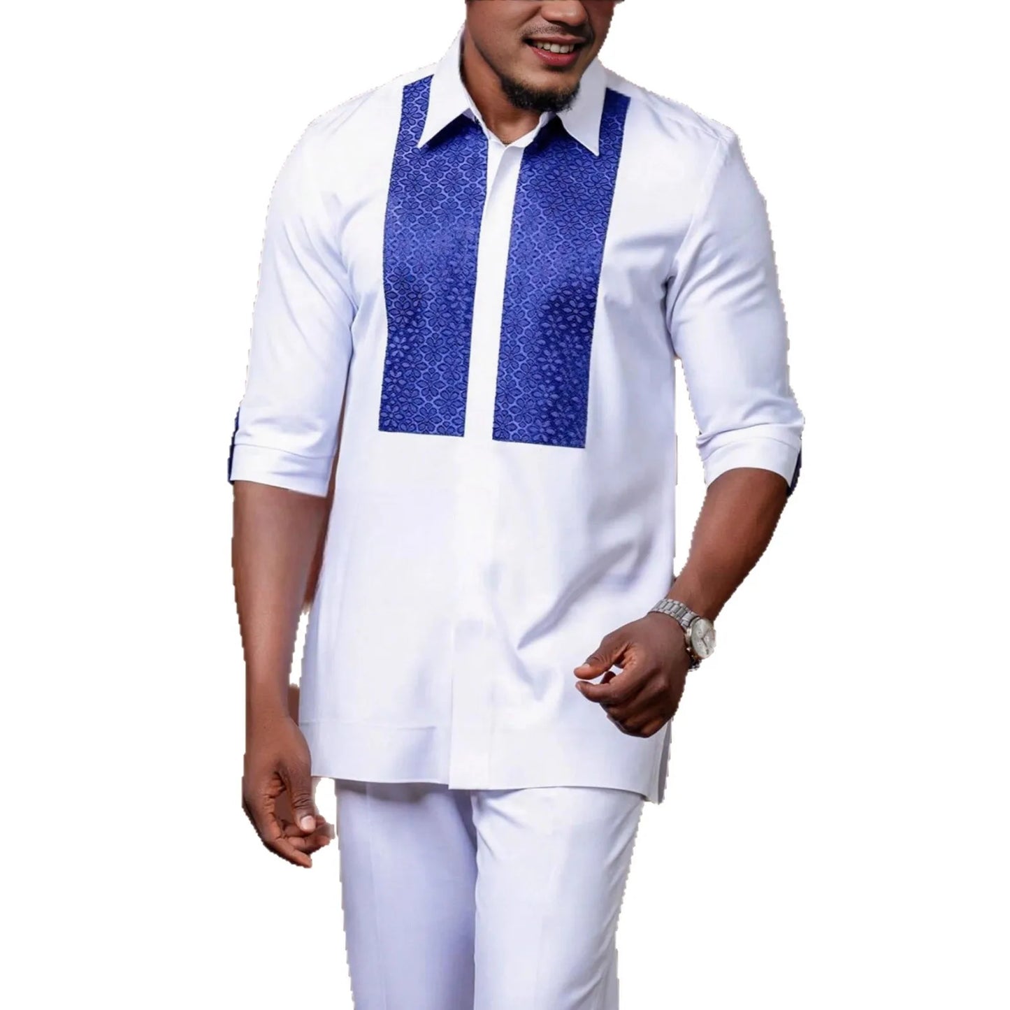 Kaftan Men's Suit Ethnic Style Suit Men's White Patchwork Shirt And Casual Pants 2-piece Set Ramadan Dubai Luxury Islam Elegant