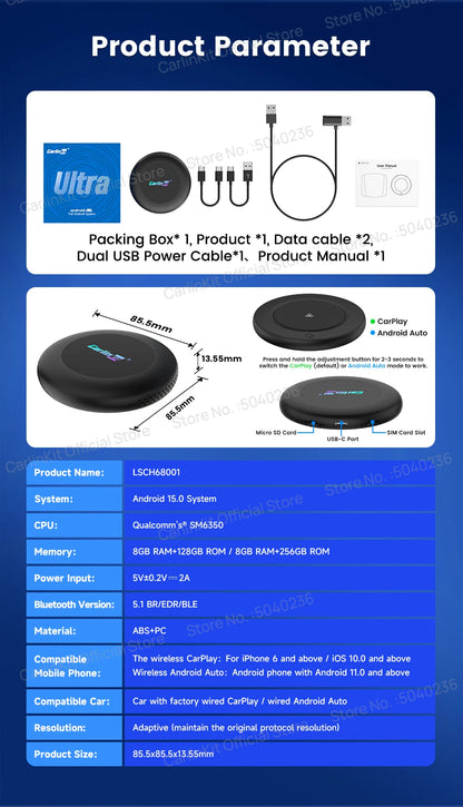 CarlinKit CarPlay Ai Box Android 15 Ultra2 SM6350 8GB+128GB Smart Android TV Box Wireless CarPlay Android Auto GPS For OEM Cars