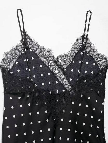 HH Women Elegant Polka Dot Lace Slip Tops Asymmetrical Hem Tanks Camis Summer Lady Sexy Lace Splicing Club Party Tops Camisole