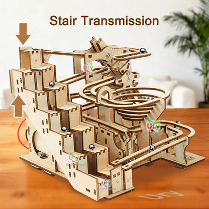 Ury 3D Wooden Puzzles Electric Staircase Track Device Marble Run Set Mechanical Model Science Maze 6 Balls Assembly Gift