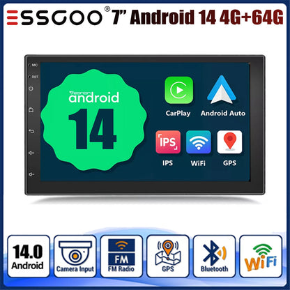 ESSGOO 7" Car Stereo Radio Double 2DIN Android 14 CarPlay Touch Screen 4+64G GPS Navigation Wifi FM/RDS Bluetooth SWC DVR&Camera