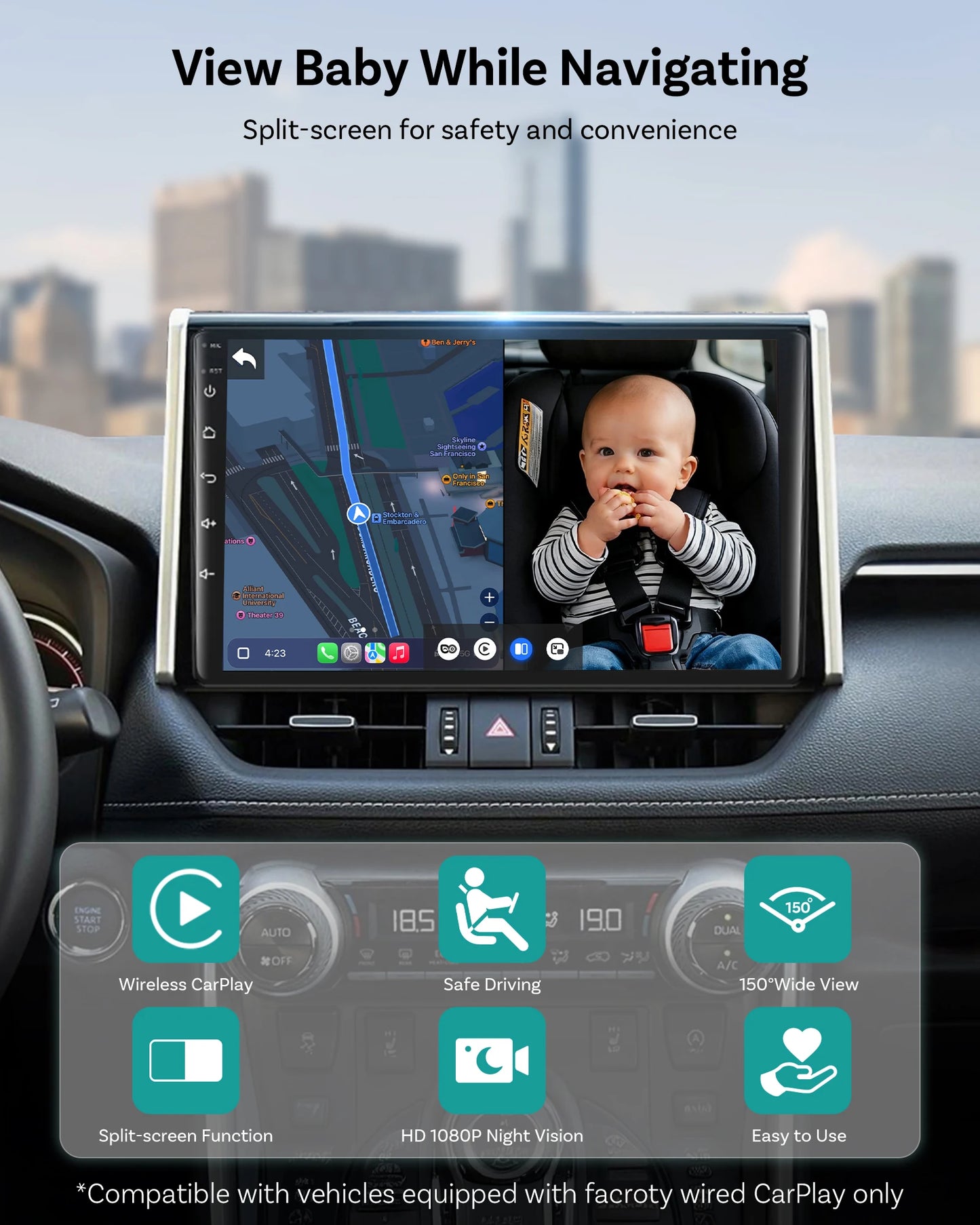 Ottocast Mini Pico 2in1 Wireless CarPlay Dongle Car Baby Safety Camera Pet Back Seat Camera Child Car Monitor For 99% of the car