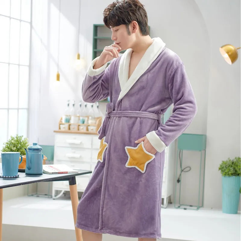 Thickened Flannel Sleepwear Coat for Men And Women Warm Winter Coral Velvet Robe Couple Home Clothes Mid-Length Bath Robe