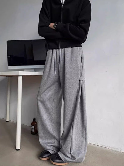 Men’s Grey Deconstructed Cargo Pants Heavyweight Oversized Wide Leg Trousers Floor Length Casual Streetwear for Spring Autumn