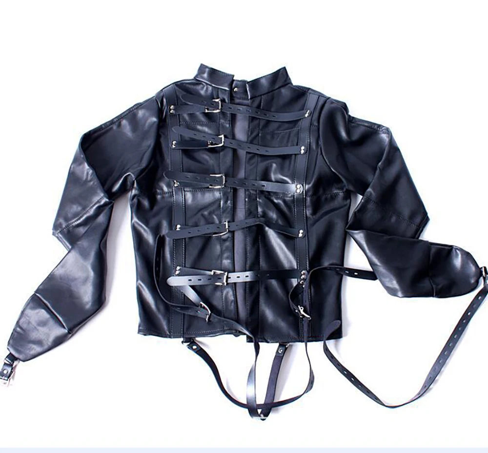 SM Games Bondage Straight Jacket Harness,Slave Role Gimp Costumes Sextoys BDSM Leather Lingerie Straitjacket with Crotch Strap