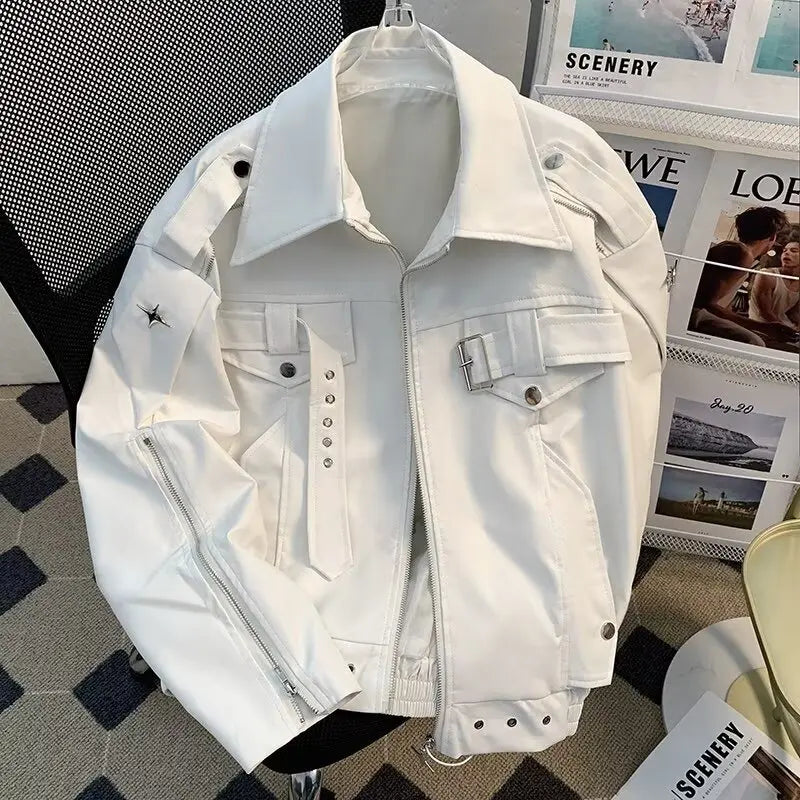 Mens High Street American Deconstructive Leather Jacket Winter Motorcycle Loose Cool Short Coat Motorcycle Jacket