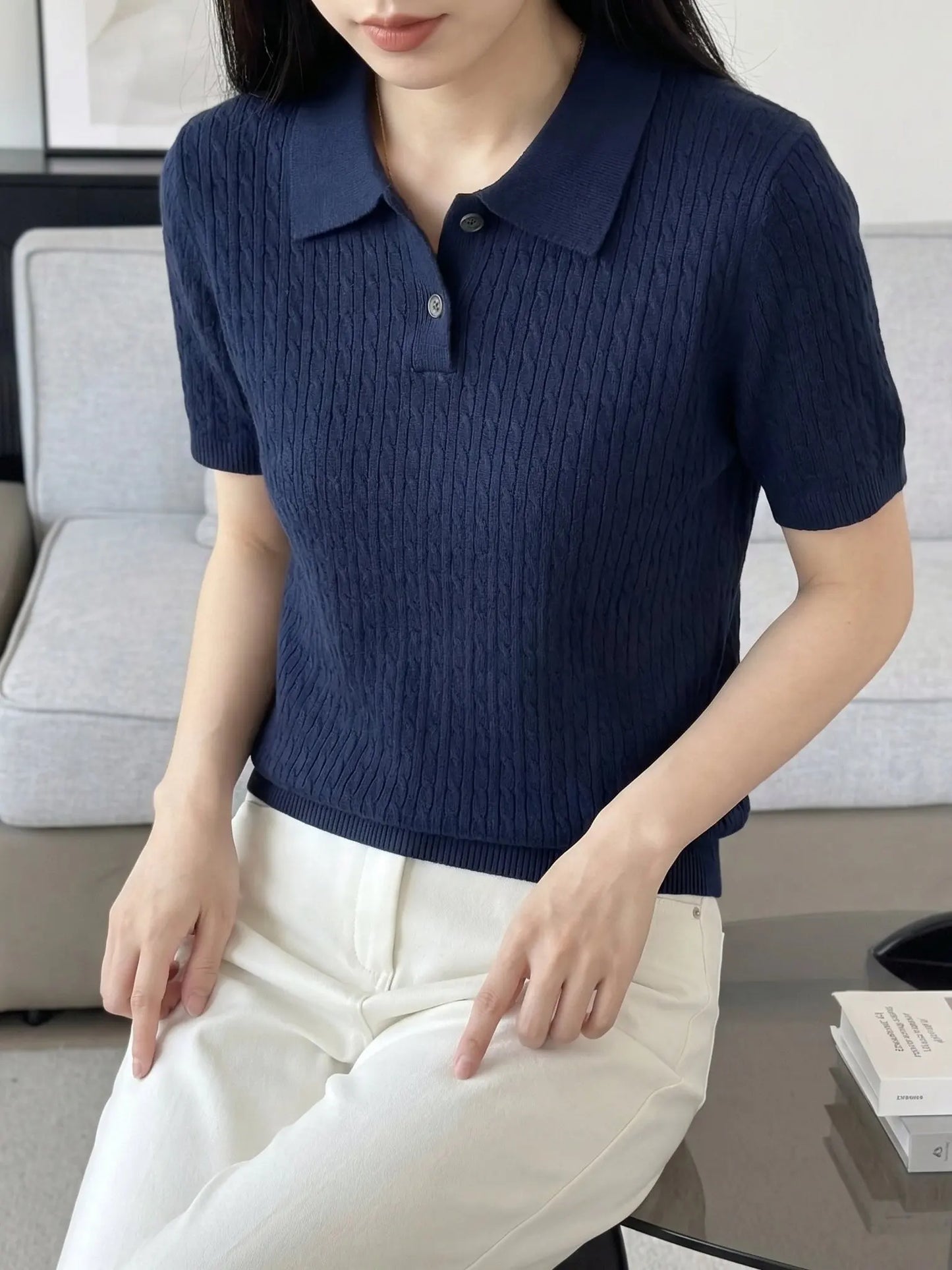 Spring Summer Breathable Pure Cotton Polo Shirt Women's Half Sleeve Loose Knitted Top Casual Versatile Summer Wear A3032122