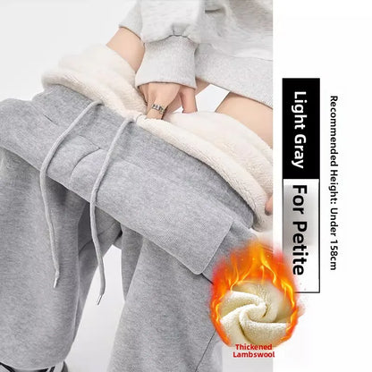Gray Lamb Velvet Sport Pants Women's High Waist Drapey Fleece Wide Leg Casual Small Size Thickened Cotton Pants