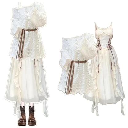 Spring and Autumn Fashion Casual Knitted Top+Bohemian White Dress Elegant Women's Two Piece Set