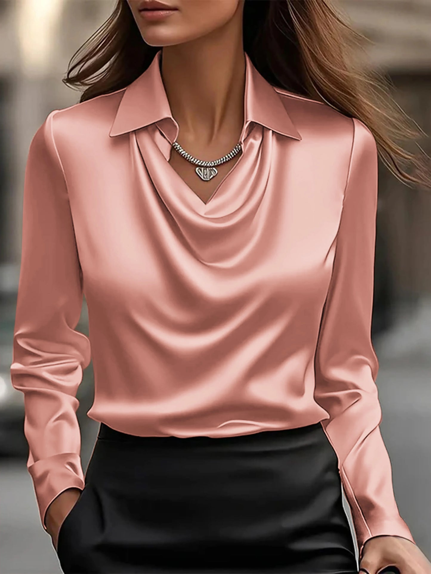 Elegant Satin V-Neck Shirt - Stylish Long-Sleeve Women's Top, Suitable for Casual and Refined Office Commuting, Silk Fabric Autu
