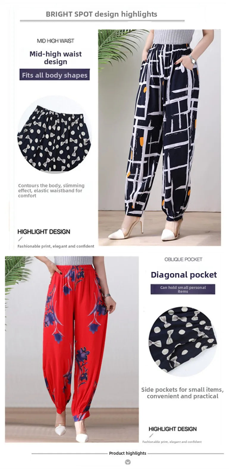 High Waist Lantern Pants Casual Cotton Silk Large Size Printed Long Trousers for Middle-Aged And Elderly Women