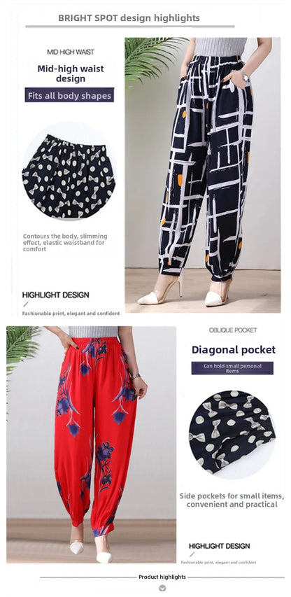 High Waist Lantern Pants Casual Cotton Silk Large Size Printed Long Trousers for Middle-Aged And Elderly Women