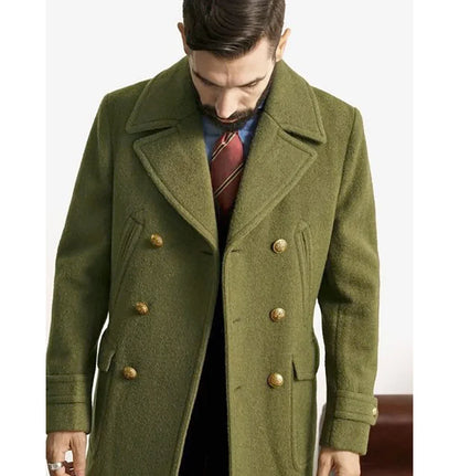 Business Green Men Tweed Jacket Trench Coat Party Mid-length Overcoat Double-breasted Spring Autumn Coat Design Men's Clothing