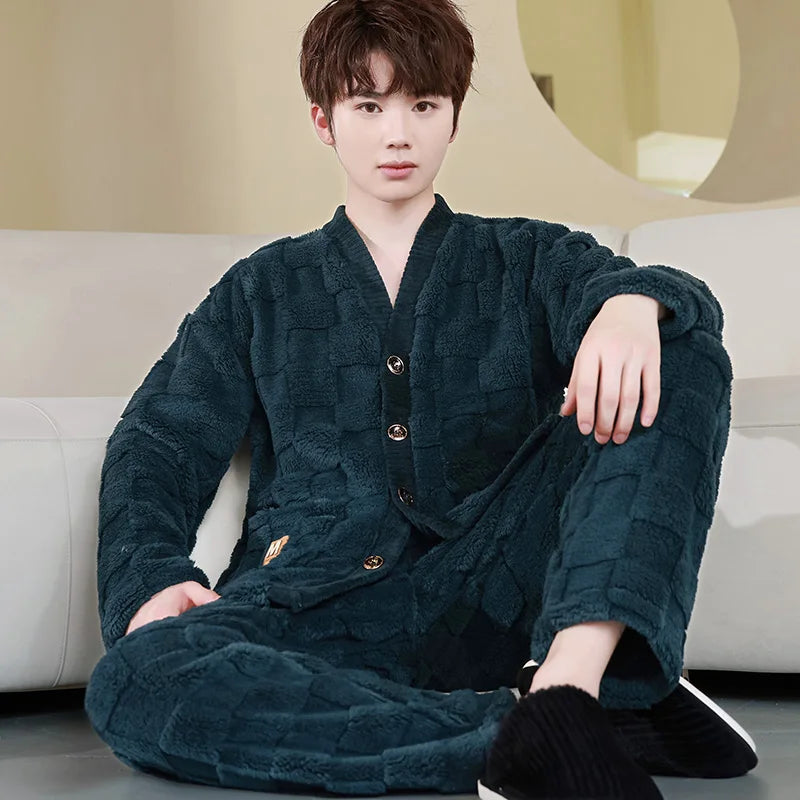 Thick Coral Fleece Sleepwear Men's Autumn Winter Casual Large Size Outdoor Wearable Flannel Home Clothes Set V-Neck Long Sleeve