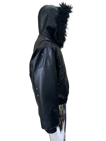 Autumn Winter Cool Short Oversized Thickened Warm Pu Leather Jacket Men with Faux Fur Trim Hood Rivet Luxury Designer Clothes