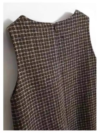 Retro Plaid Woolen Vest Dress Women's Autumn Winter Thickened Mid-Length Sleeveless H-Shape round Neck Backless Midi Dress