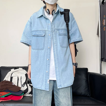 Workwear style denim short sleeved shirt with women's doubles pockets, loose and slimming  versatile daily top