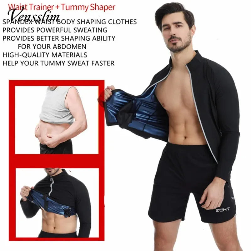 Vensslim Men Sauna Suit Sweat Jacket Workout Weight Loss Long Sleeve Waist Trainer Body Shaper Zipper Slimming Compression Tops