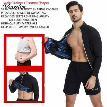 Vensslim Men Sauna Suit Sweat Jacket Workout Weight Loss Long Sleeve Waist Trainer Body Shaper Zipper Slimming Compression Tops
