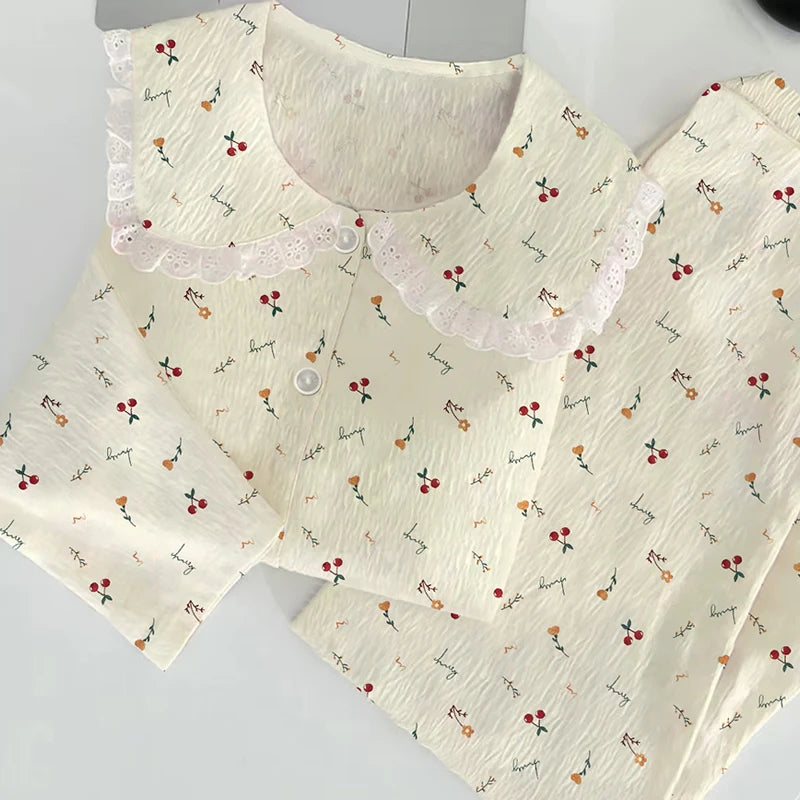 Cloud Cotton Sleepwear Set for Women Casual Spring Autumn Long Sleeve Long Pants Home Clothes  Plant Floral Print