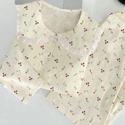 Cloud Cotton Sleepwear Set for Women Casual Spring Autumn Long Sleeve Long Pants Home Clothes  Plant Floral Print