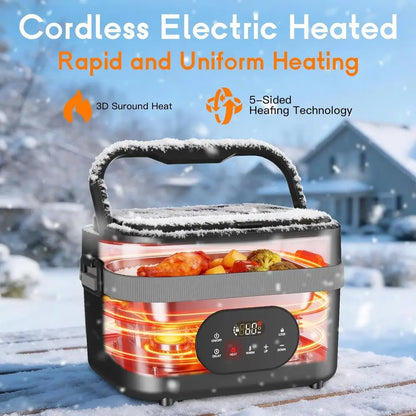 Rechargeable 6.3-Cup Electric Lunch Box with Scheduled Heating & Auto Warm for Adults - Portable Food Warmer for Work, Office &