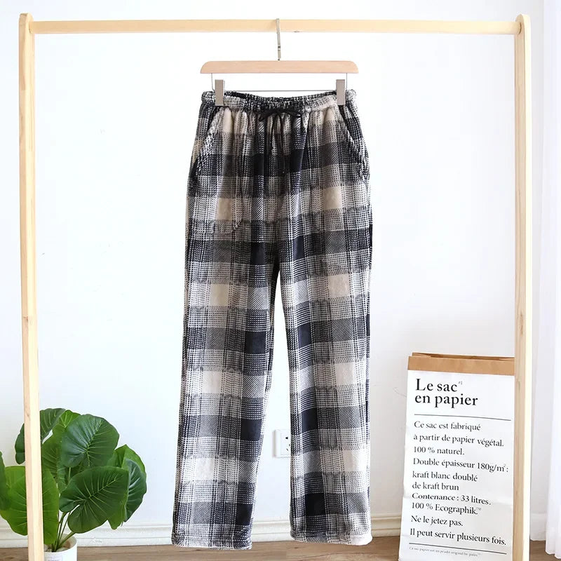 New Autumn AndWinter Flannel Men's Pajama Pants Trousers Plus Velvet Thickened Lattice Home Pants Sleep Wear Men Large Size