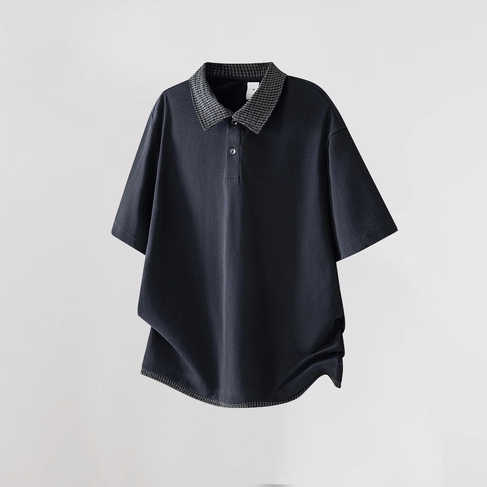 Heavy 230g American Retro Plaid Lapel Polo Shirt Men's 2026 Spring Fake Two-piece High-end T-shirt Short Sleeves