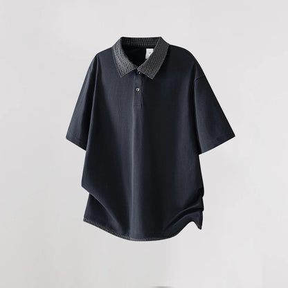 Heavy 230g American Retro Plaid Lapel Polo Shirt Men's 2026 Spring Fake Two-piece High-end T-shirt Short Sleeves
