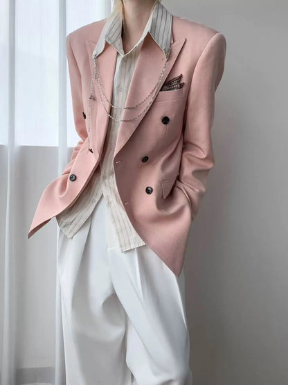 Korean Style Unisex Oversized Blazer Men Women Dusty Pink Casual Suit Jacket Streetwear Loose Office Party