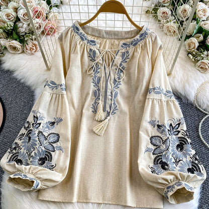 Bohemian Vacation Style Women's Shirt round Neck Lantern Sleeve Embroidery Heavy Work Autumn Design Sense Knot Design Top