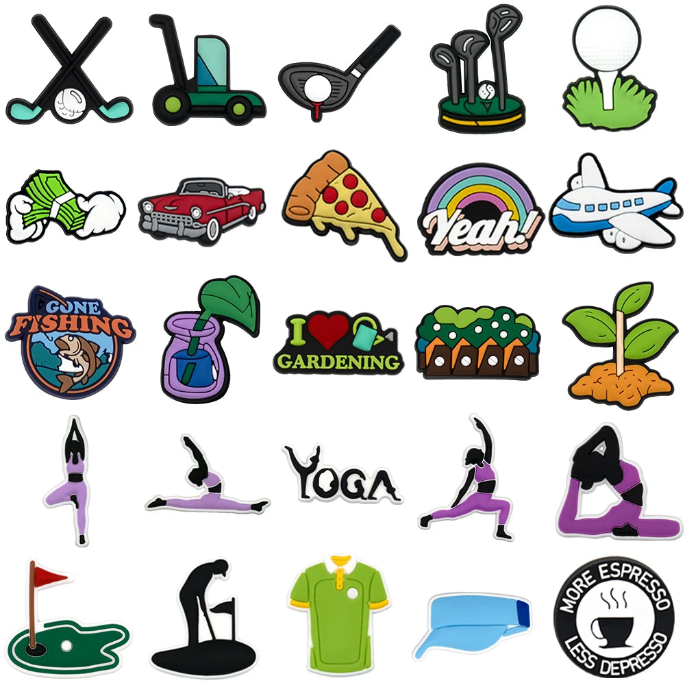 1/25PCS Golf & Lifestyle Shoe Charms Set DIY Decorative Pins Yoga Gardening Pizza Clogs Sandals Accessories Decorations Gifts